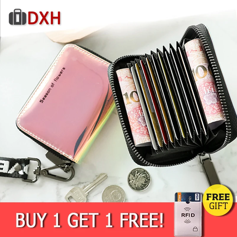 

2019 Business Card Holder Laser Women Wallet Leather Small Slim Leather Genuine Purse Ladies Luxury Money Cute Zipper Bag Pack
