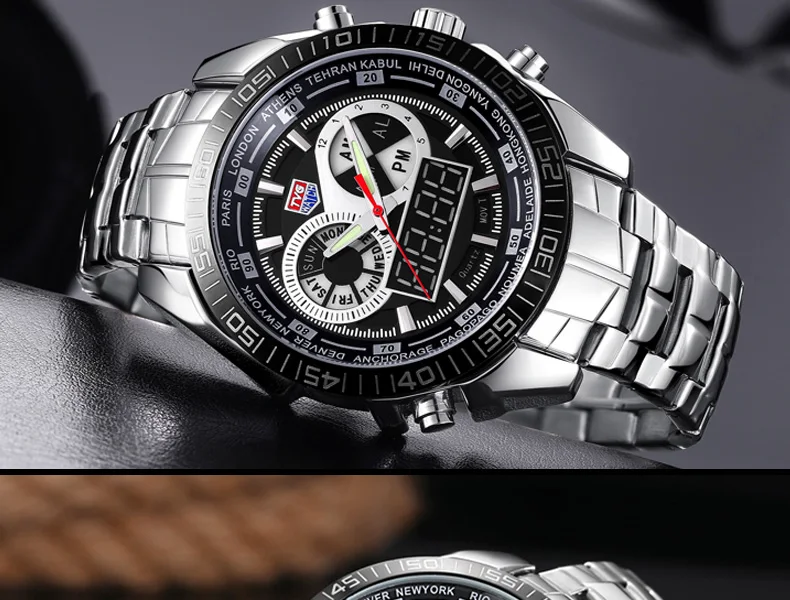 TVG брендовые роскошные часы из нержавеющей стали, цифровые спортивные светодиодный часы для мужчин, 30 м, двойное движение, мужские водонепроницаемые часы ts, Relogio Masculino