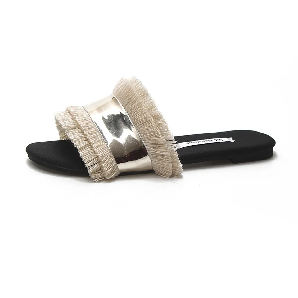 fringe slip on sandals