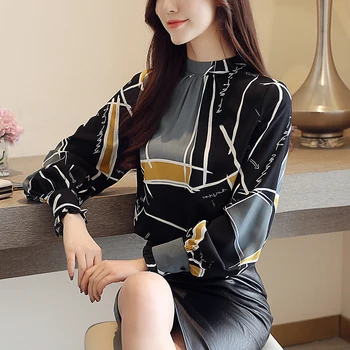 

2019 spring new printed women blouse and shirts chiffon lantern sleeved loose plus size office lady outwear coat tops