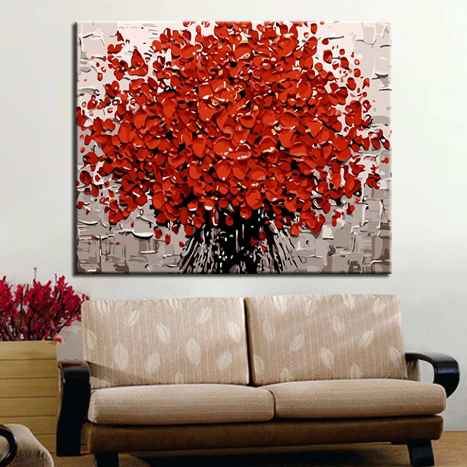 

For Kids Unique Gift Modular Canvas Art Picture Red Flowers Framework DIY Digital Oil Painting By Numbers Kits Colors Drawing