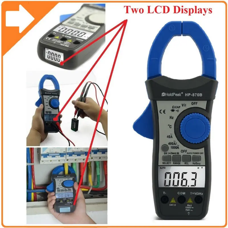 

HoldPeak DC/AC Dual Display Digital Clamp Meter Multimeter Resistance Capacitance Frequency Duty Cycle Relative Value 870B