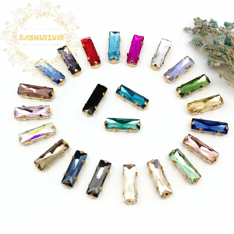 

5*10 5*15 Mix Color Rectangle Glass Crystal Rhinestone Sew On Rhinestones With Gold Claw Diy Wedding Dress Accessories 20Pcs/Bag