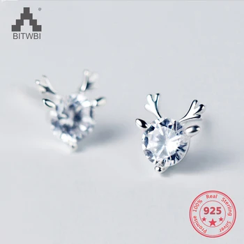 

2018 New Women 100% 925 Sterling Silver Tiny Cute Elk Stud Earrings Girls Kids Gift Crystal Zircon Deer Antlers Earrings