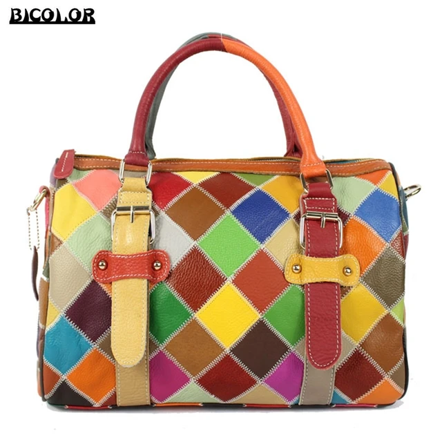 Bicolor Tote Bag New Vogue Multicolor Lattice Pattern Handbag Women Bicolor Tote Bag New Vogue Multicolor Lattice Pattern Handbag Women Genuine Leather Handbags Belt Decorated Shoulder