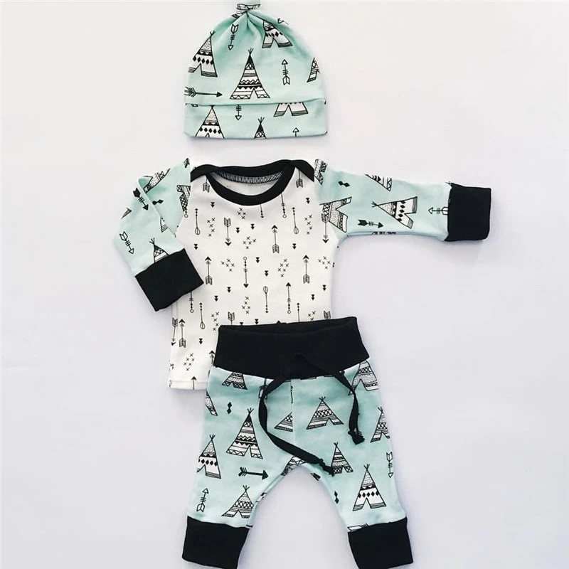 0-18M Newborn Infant Baby Boys Girls Clothes Long Sleeve Arrow Tops Harem Pants Hat 3PCS Outfits k Clothing Set 2017 Autumn | Детская