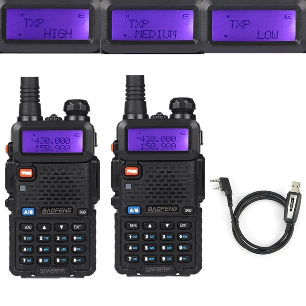 2x Baofeng UV-5RTP VHF/UHF 136-174/400-520 МГц FM высокое Мощность 1/4/8 W двусторонней переносной любительский радиоприёмник рации с Кабель для программирования