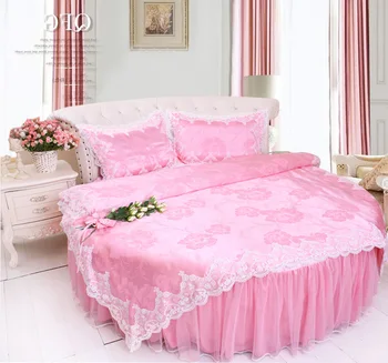

PinK Lace Wedding Round Bed Bedding 4pcs Set 8 feet super king Chinese Style Cotton EMBROIDERY DUVET COVER Bedskirt Pillow case