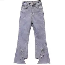 Нерегулярные расшитые бисером джинсы летние новые женские с высокой талией тонкие Стрейчевые джинсовые штаны брюки клеш