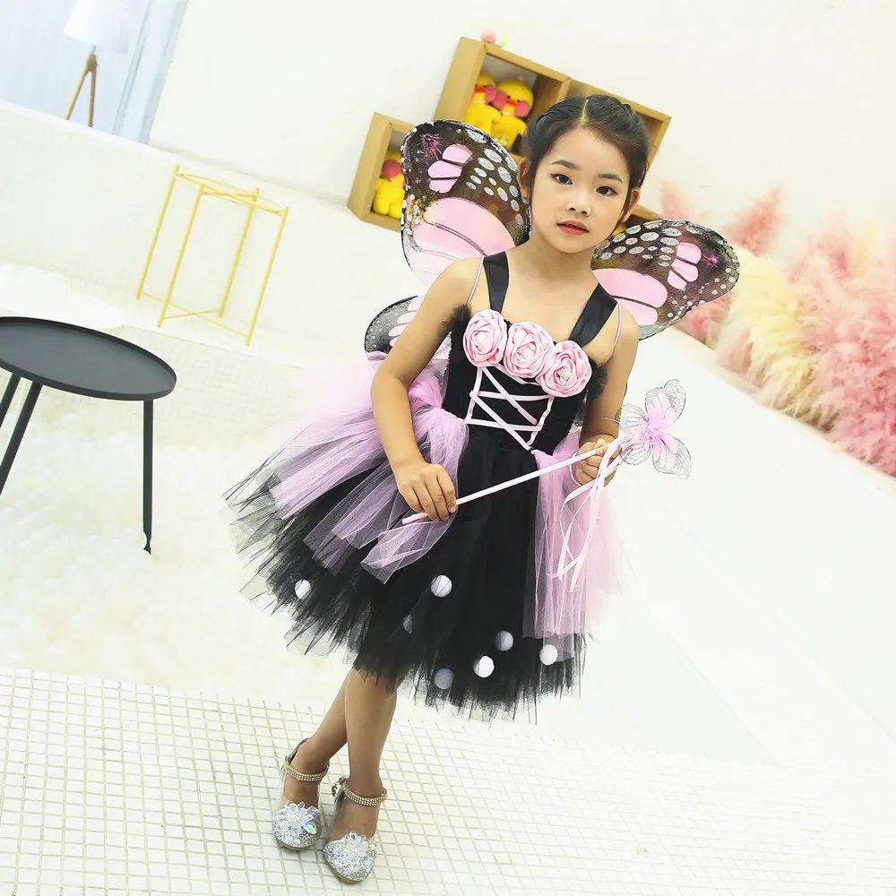 От 1 до 12 лет платье-пачка с цветочным узором для девочек вечерние платья из тюля для девочек платье феи для маленьких принцесс карнавальный костюм с крыльями, волшебной палочкой и бабочками