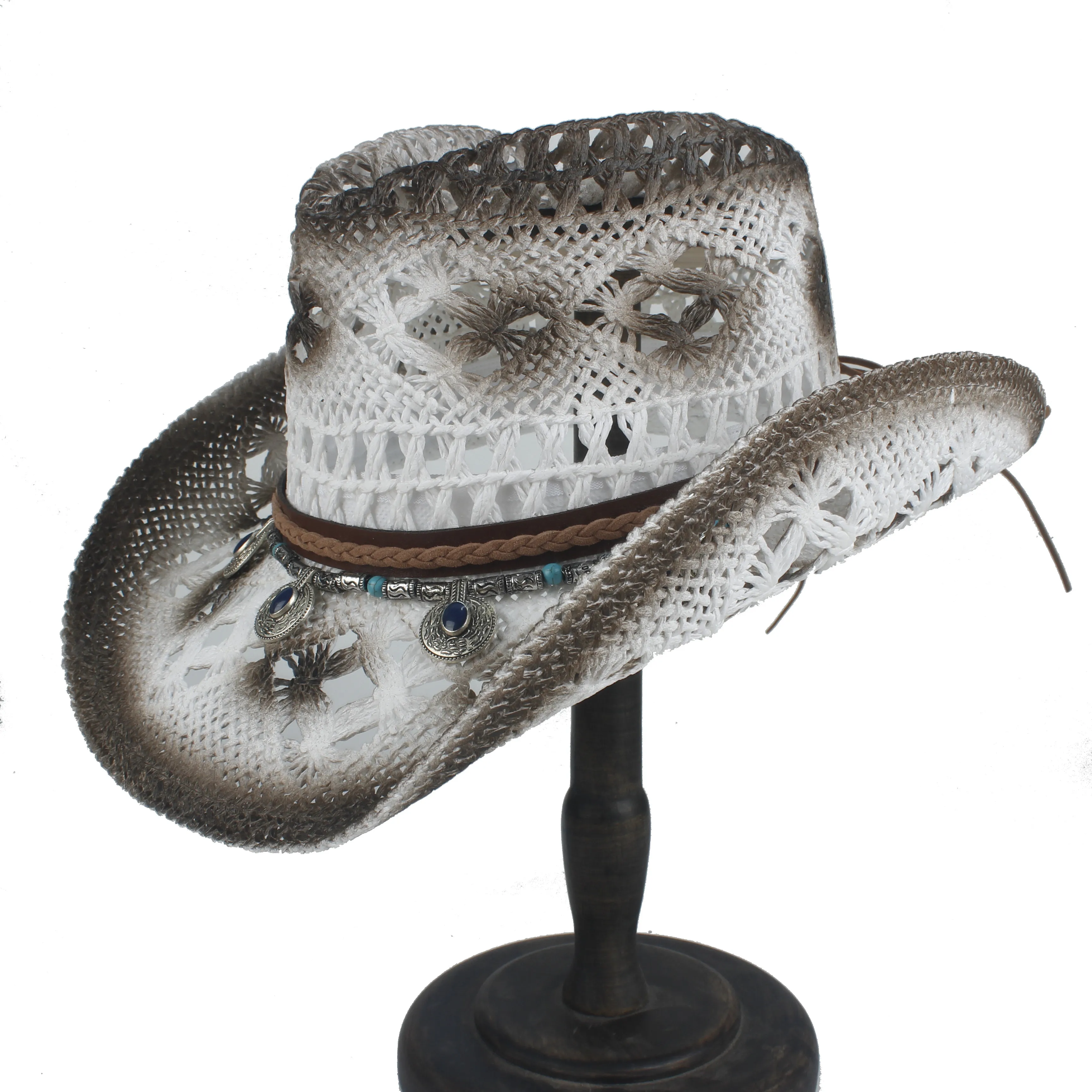 Женская Соломенная открытая западная ковбойская шляпа в богемном стиле с кисточками, Женская пляжная ковбойская джазовая шляпа, размер 56-58 см