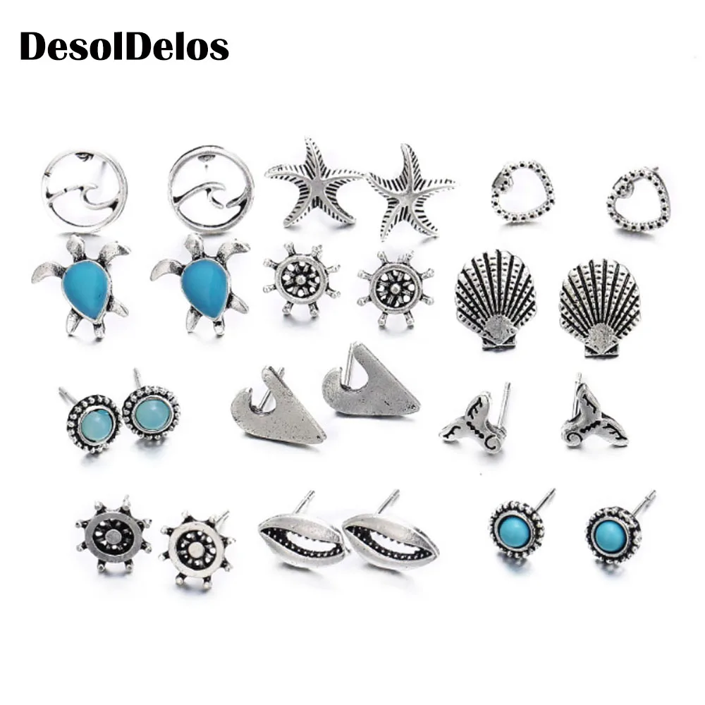 

12 Pcs/Set Bohemian Owl Elephant Stud Earrings Set For Women Vintage Crown Rudder Heart Round Earring Statement Jewelry 2019