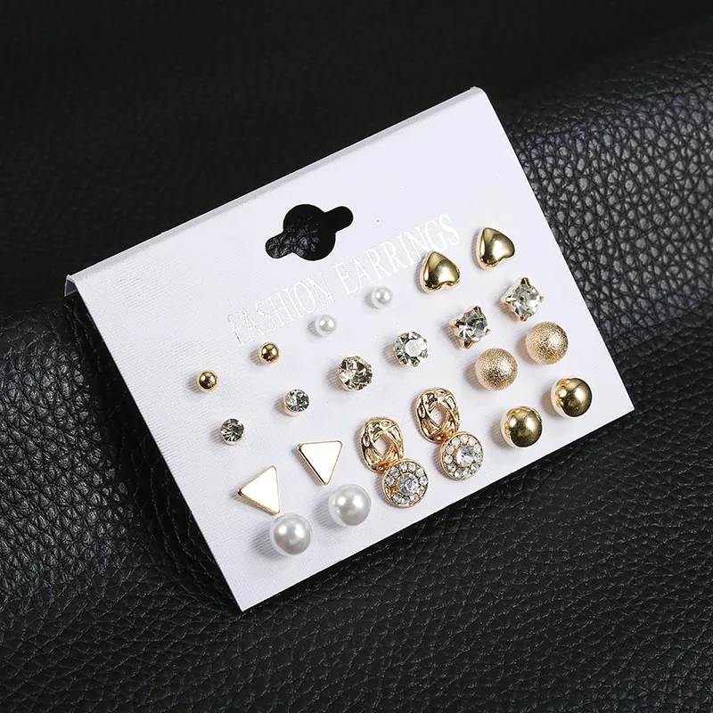 

2019 New Fashion 12 pair / set Women Square Crystal Heart Stud Earrings for Women Piercing Simulated Pearl Flower Earrings