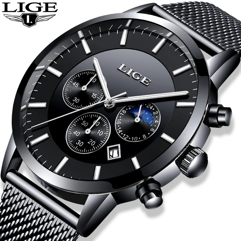 

LIGE Fashion Mens Watches Top Brand Luxury SportWatch Mens Casual stainless Steel Waterproof Quartz Watche Relogio Masculino+Box