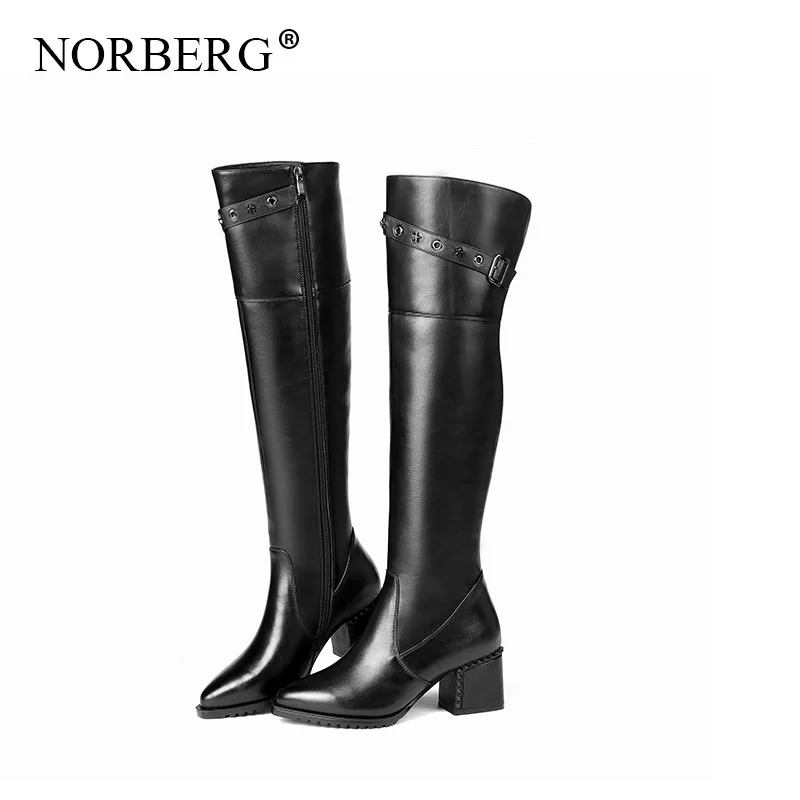 

2019Hot Sale winter Zipper rivet High Boots Women Fashion black Square Heel Woman Leather Shoes Winter Large Size 34-42