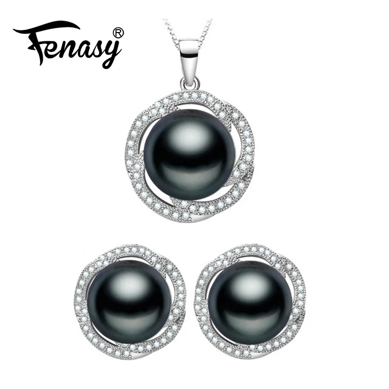 

FENASY rose 925 sterling silver jewelry sets 2018 new romantic flower stud earrings female pearl pendant necklace for women