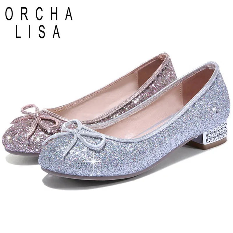 

ORCHA LISA Women Bling Dancing Shoes Loafers Flats Sequined Cloth 41 42 43 Bows Moccasins Female Slip On Creepers Ladies Sweet