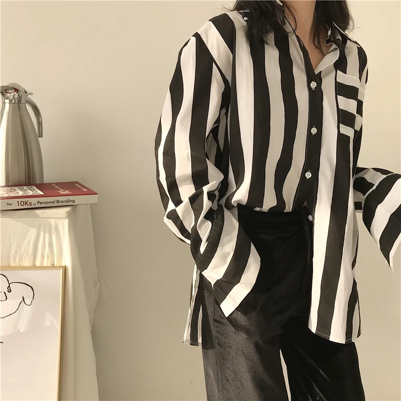 

Mazefeng 2018 New Spring Women Casual Shirts Female Striped Shirts Loose Turn-down Collar Women Fashional Vintage Shirts Ladies