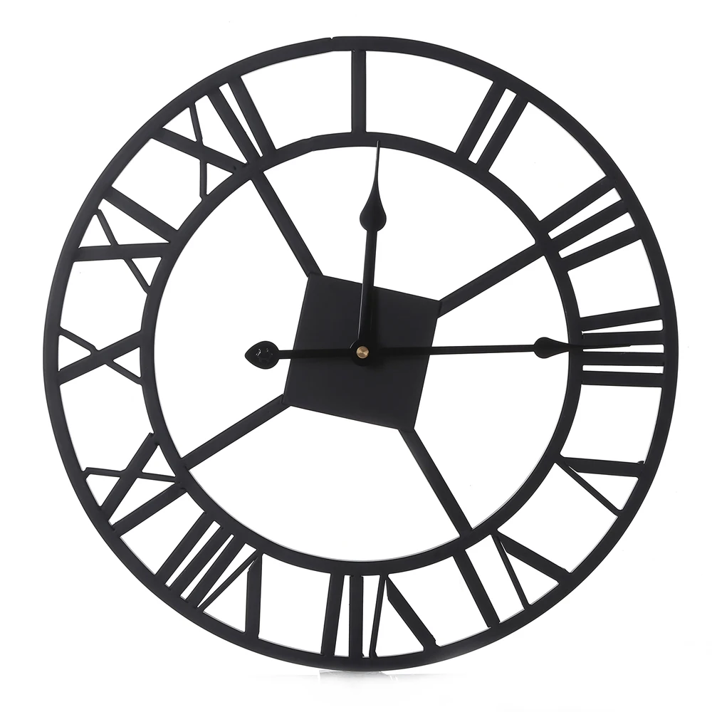 

Modern 3D Large Retro Black Iron Art Hollow Wall Clock Roman Numerals Home Decor