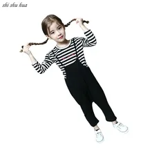Girl Clothes Set Spring Autumn Long-sleeved T-shirt Coat 2018 New Mujer Striped Bottoming Shirt Strap Harem Pants Kids Clothing цена Girl Clothes Set Spring Autumn Long-sleeved T-shirt Coat 2018 New Mujer Striped Bottoming Shirt Strap Harem Pants Kids Clothing цены онлайн
