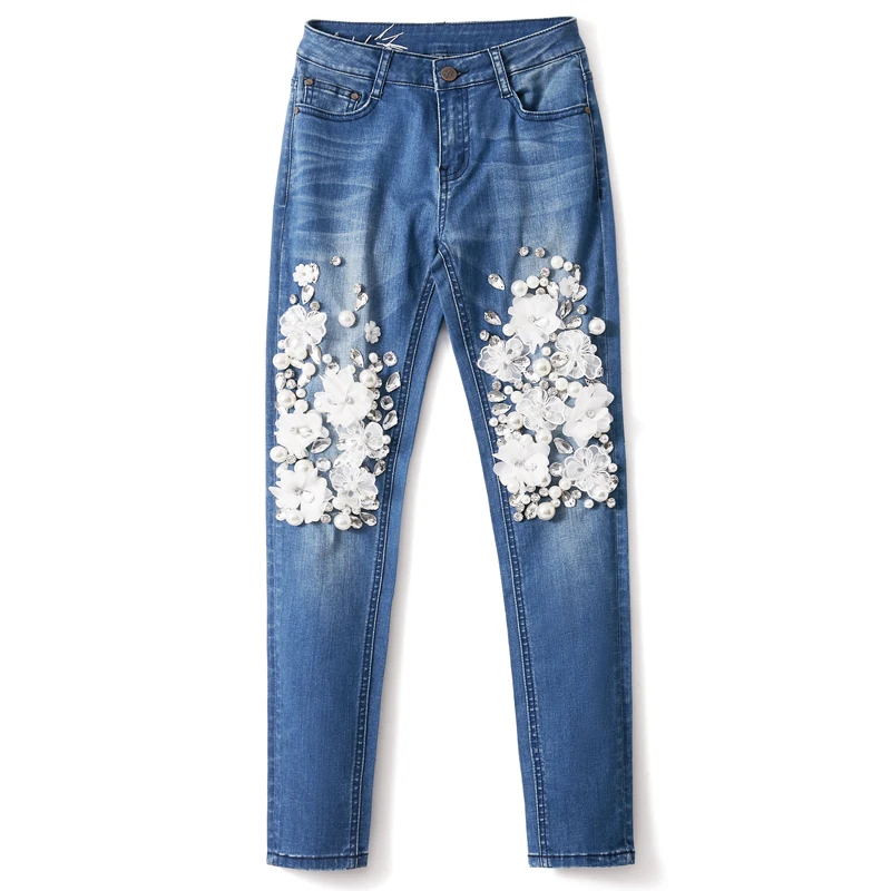 Los Mujer Mujeres Moda Con Rebordear La 2018 Pantalones De Blanco Stretch Nuevas Flor Casuales Denim 8IqUT4Tx