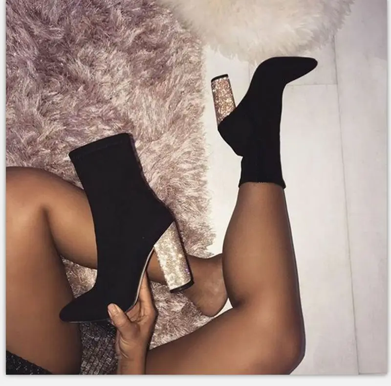 

Fashion womens warm winter boots square high heels slip-on socks boots pointed toe ladies stretch ankle boots shoes block heels