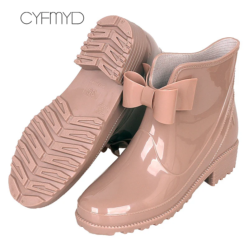 

Large Size 42-43 PVC Rain Boots Women Spring/Autumn Wedges Butterfly Knot Non Slip Ankle Boots For Girls Slip On Oil Shoes