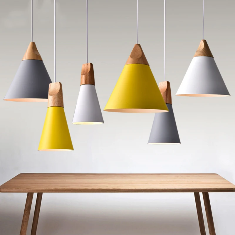 Image Nordic Pendant Lights Wood Aluminum Lampshade Industrial Lighting Loft Lamparas Colorful Pendant Lamp E27 Base Light Fixtures