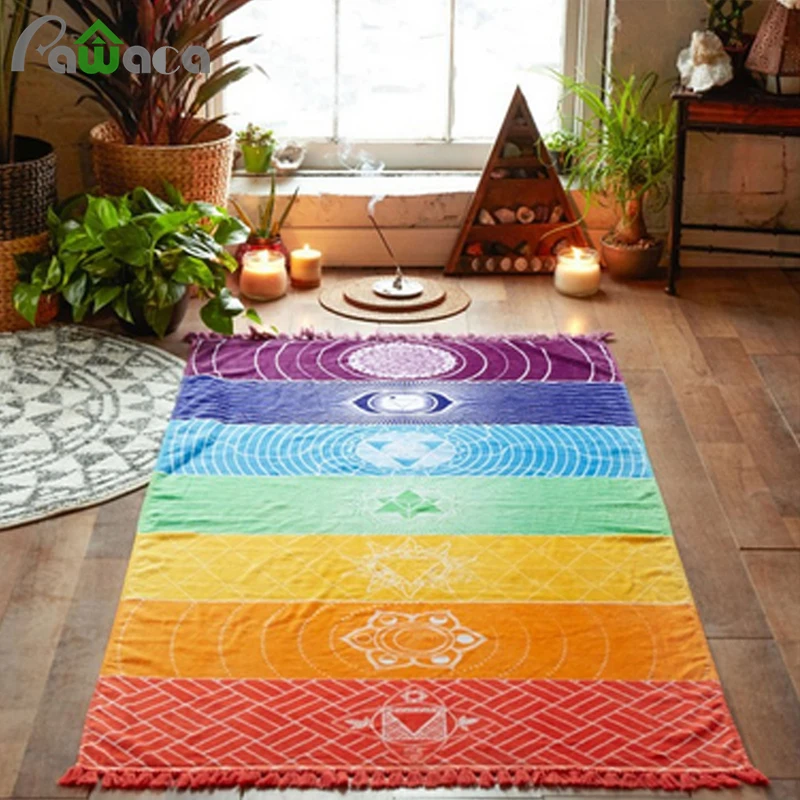

Mandala Tapestry Wall Hanging Beach Towel Rainbow Stripes Rectangle Blanket Bohemia India Yoga Mat Home Decor Travel with Tassel