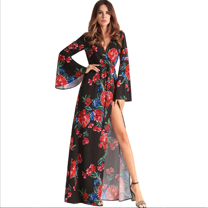 women flare sleeve floral print v neck high split dress 6_