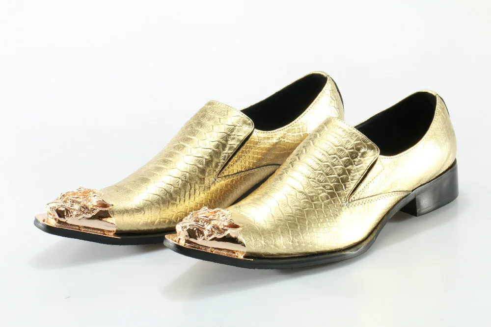 

High Quality Men Oxfords Shoes British Style Genuine Leather Metal Toe Gold Shoes Slip On Business Men's Wedding Party Flats