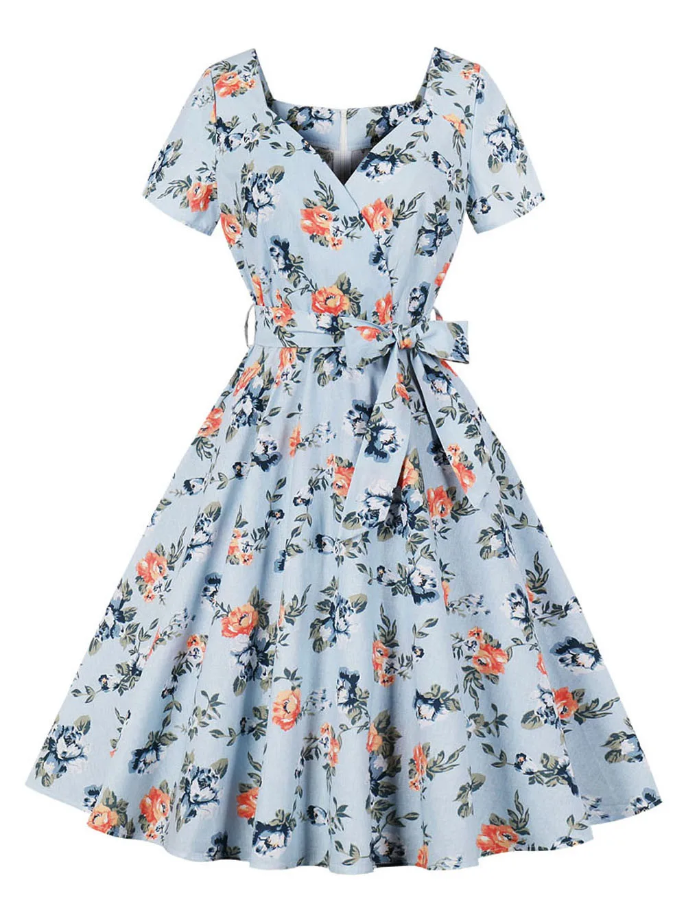 Joineles, цветочный принт, женское элегантное винтажное платье, 50 s, рокабилли, халат, лето, v-образный вырез, короткий рукав, высокая талия, Ретро стиль, платья, хлопок - Цвет: Blue