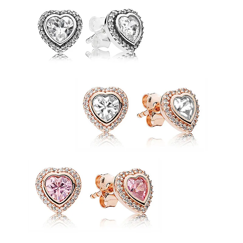

Rose Sparkling Love Heart Stud Earring With Crystal 925 Sterling Silver Earrings For Women Wedding Party Gift DIY Jewelry