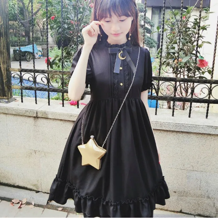 Lolita Gothic Dark Retro Court Dressing Short Sleeve Dress black