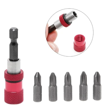

60mm 1/4" Hex Shank Magnetic Drywall Screw Drill Screwdriver Holder +5 Bits Red