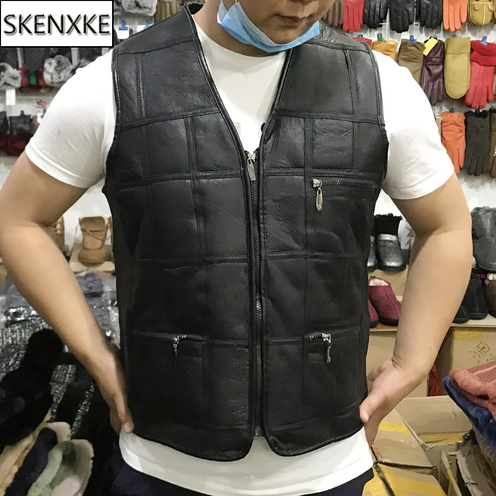 

2019 New Men Real Sheepskin Leather Vests Autumn Winter Warm Natural Sheepskin Leather Gilets Outdoor Casual Leather Waistcoats
