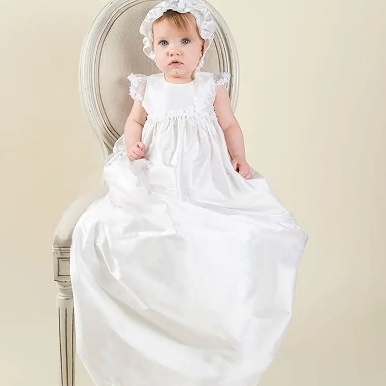 

With Hat Baby Christening Dress A-Line Short Sleeves O-neck new white length summer style baby Baptism dress vestidos infantis