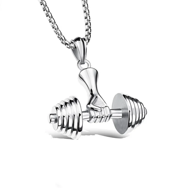 Trendy Gold Color Necklace Gym Bodybuilding Barbell Long Chain