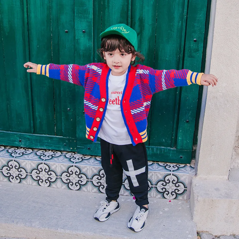

Spring Autumn baby v neck cardigan boys knitted jacket kids tops children outwear geometric check jacquard dobby 2 to 9 yrs