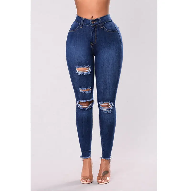 Модные повседневные женские с высокой талией обтягивающие рваные джинсовые узкие брюки джинсовые брюки-карандаш синий - Цвет: Dark Blue