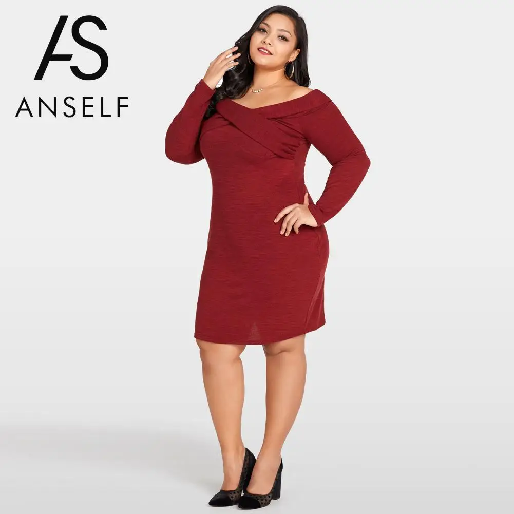 

2019 Autumn Long Sleeve Slim Bodycon Dress Women Plus Size Knitted Dress Off Shoulder Cross Front Sexy Mini Dress 3XL 4XL 5XL