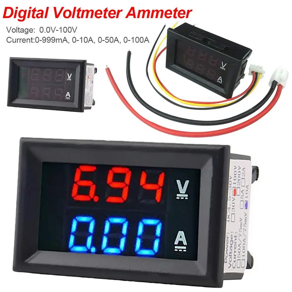 Red LED Amp Volt Meter Gauge 100V 10A DC Digital Voltmeter Ammeter Blue