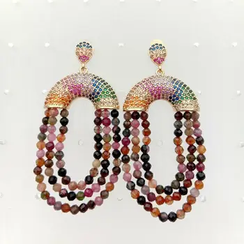 

Natural Mixed Color Tourmaline Multi Color Cz pave Stud Earrings