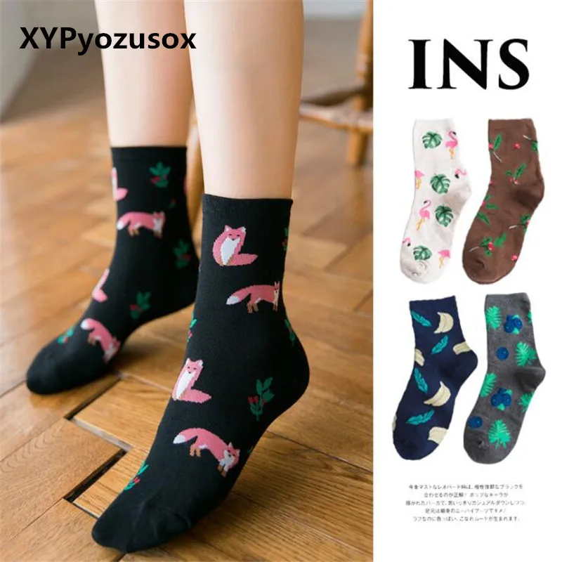 

New Fashion Women's Socks Cotton Cute Flamingo Fox Harajuku Socks For Female Kawaii Cartoon Funny Fox Socks Calcetines Mujer