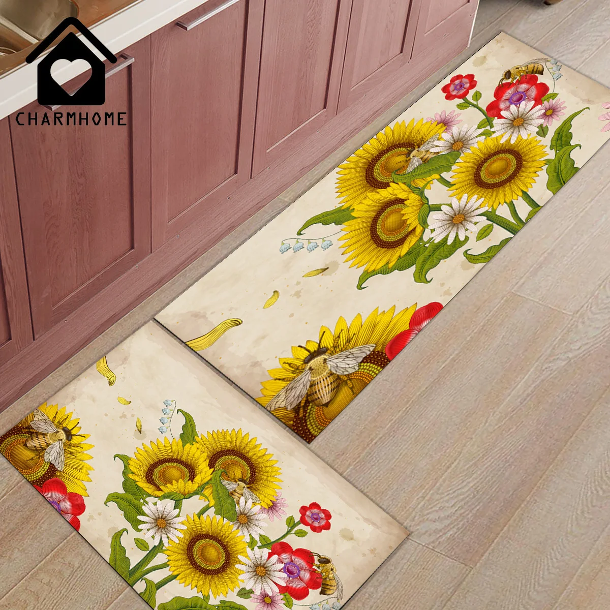 CHARMHOME 2Pcs/Set Bee Sunflower Long Kitchen Mat Bath Carpet Floor Mats Home Entrance Doormat Tapete Bedroom Living Room Rug