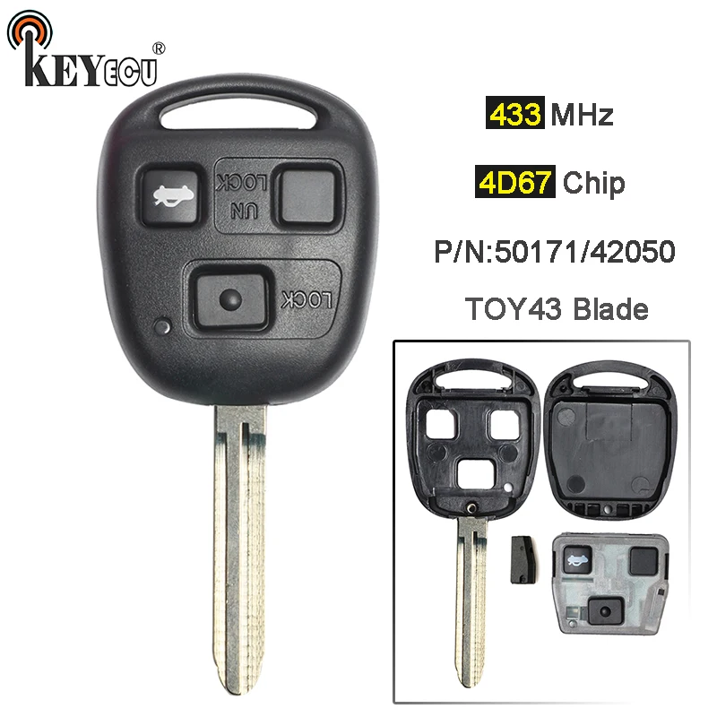 

KEYECU 433MHz 4D67 Chip Replacement 3 Button Remote Car Key Fob TOY43 Blade for Toyota RAV4 Tarago Prado P/N: 50171/42050