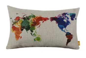 

LINKWELL 50x30cm Fashion Watercolor Colorful World Map Rectangular Waist Burlap Cushion Cover throw pillowcase Classic Design