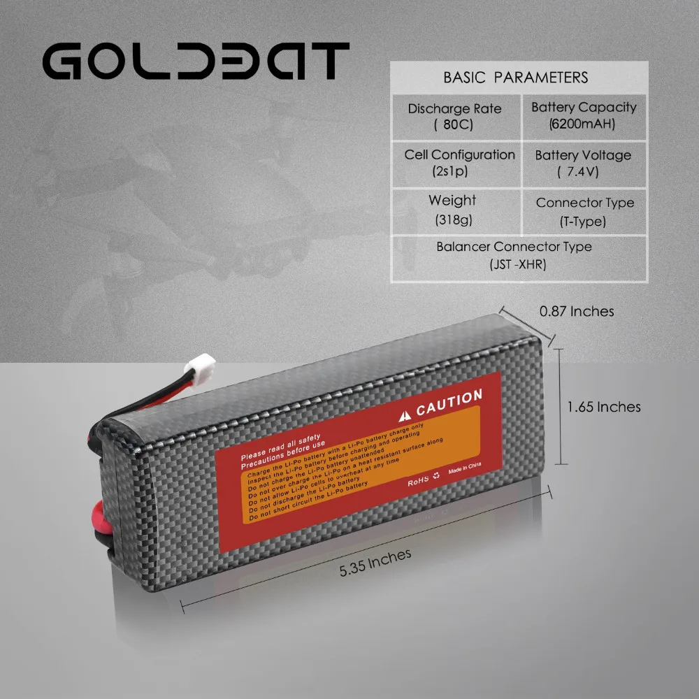 2 блока GOLDBAT 6200mAh Lipo батарея для RC автомобиля батарея Lipo 7,4 V Lipo 2s 80C с штекером Deans для RC автомобиля грузовика вертолета Traxxas