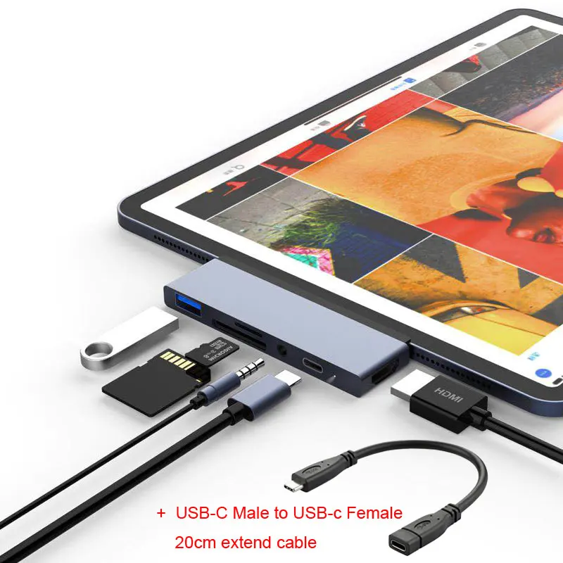 USB C концентратор к HDMI адаптер для iPad Pro Macbook Pro/Air usb type C док-станция с USB-C PD TF SD USB 3,0 3,5 мм порт для наушников - Color: Gray add Cable