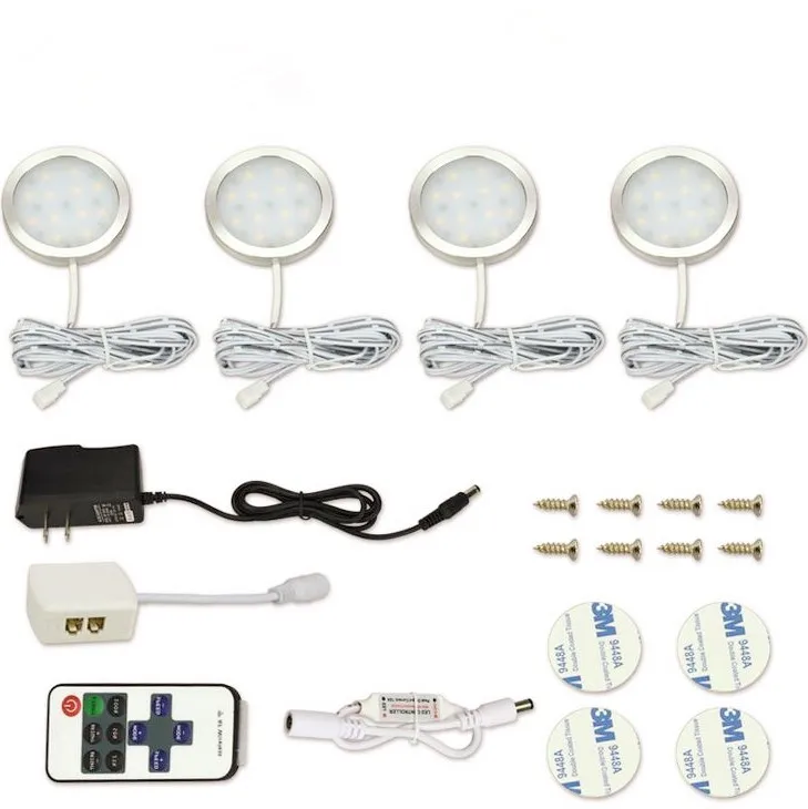 cheap 4Pcs LED Under Cabinet Light Kitchen Puck Llights with Wireless RF Remote Dimmable Closet lamp wardrobe bar Lamps Decoration